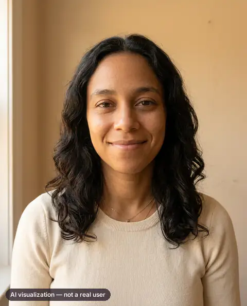Day 90: the same fictional adult model, same face and same body, with glowing skin, glossy hair worn down, a cream knit top, warm light and a smile. AI visualization, not a real user.